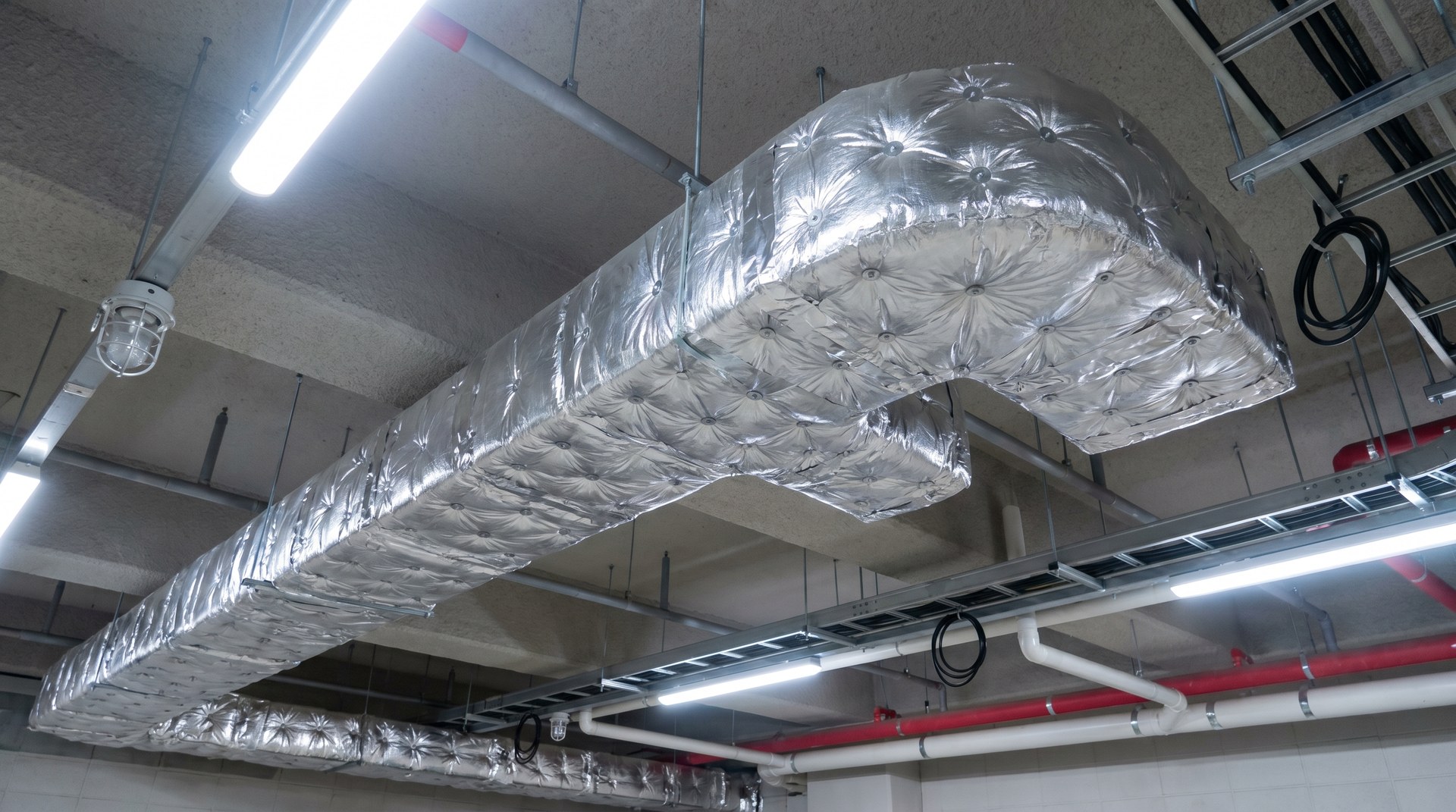 AEROCLAD Smoke Duct · Underground Parking Application · Rectangular ducts fully wrapped with glasswool blanket, cup-head pin pattern, aluminum FSK foil