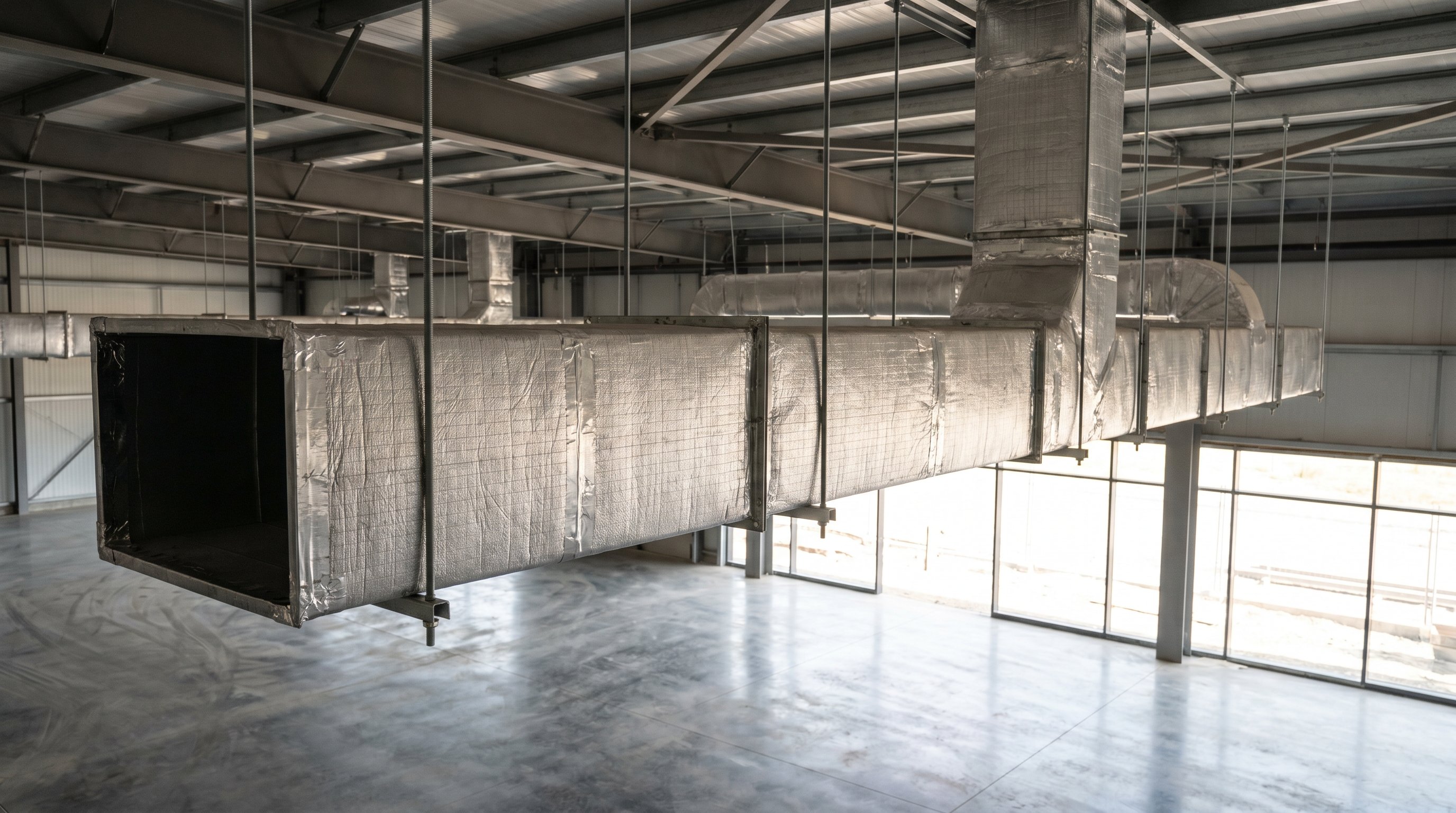 AEROCLAD Smoke Duct 제연덕트 시공 장면 · GI 강판 본체 + 24K 그라스울 외부 보온 + FSK 베이퍼 배리어 외피